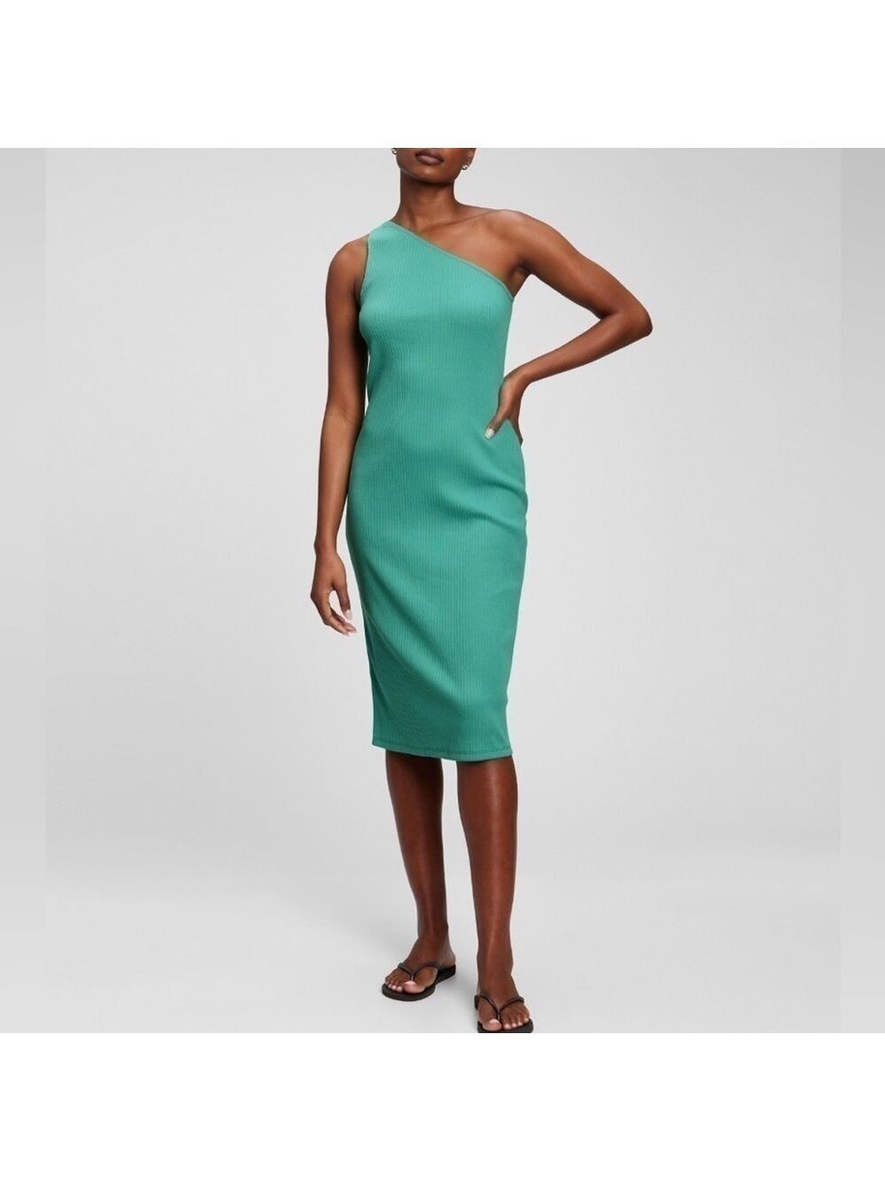 Gap One Shoulder Ribbed Dress XS Green Midi Fitted Stretch Minimalist Resort